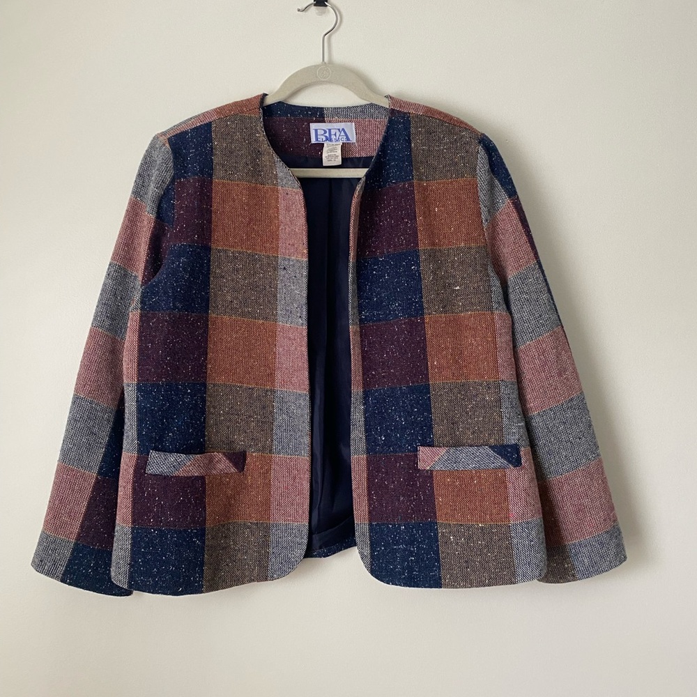 Vintage BFA Wool Bland Buffalo Plaid Open Blazer